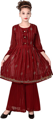 AYUB FASHIONN Girls Festive & Party Kurta and Palazzo Set(Maroon Pack of 1)