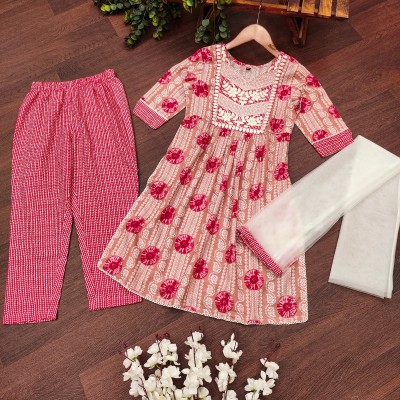 NIVUDI Girls Casual Kurta, Pyjama & Dupatta Set(Pink Pack of 1)