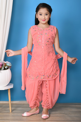 Padosi Girls Festive & Party Kurti, Patiala and Dupatta Set(Pink Pack of 1)