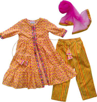 Riyashi Girls Festive & Party, Wedding Kurta, Pyjama & Dupatta Set(Yellow Pack of 1)