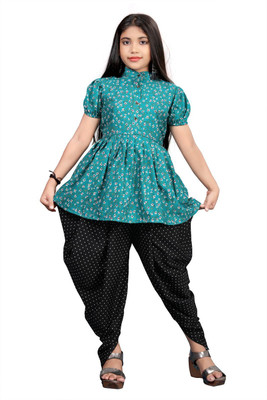 LIZUL Girls Festive & Party Kurta and Dhoti Pant Set(Light Blue Pack of 1)
