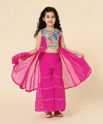 A.T.U.N. Girls Festive & Party Kurta and Palazzo Set(Pink Pack of 1)