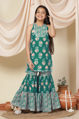 Tasrika Girls Festive & Party Kurta and Sharara Set(Blue Pack of 1)