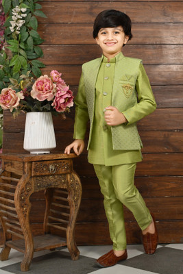 AHHAAAA Boys Festive & Party Kurta, Waistcoat and Breeches Set(Green Pack of 1)