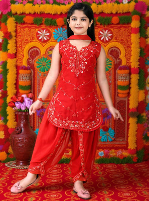 R8 CHOICE Girls Festive & Party Kurta, Dhoti Pant & Dupatta Set(Red Pack of 3)