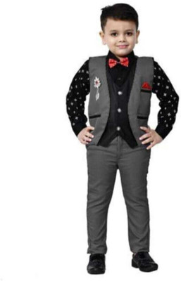 Fashionhub Boys Wedding, Festive & Party Shirt, Waistcoat and Pant Set(Grey Pack of 1)