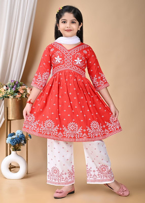 ITC FASHION Girls Festive & Party Kurta and Palazzo Set(Red Pack of 1)