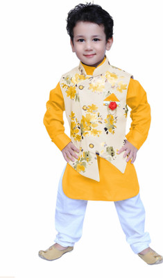 KL Collection Boys Festive & Party Kurta, Waistcoat and Pyjama Set(Yellow Pack of 1)