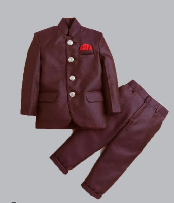 Kuwarshah Boys Festive & Party, Wedding Blazer, Shirt and Trouser Set(Maroon Pack of 2)