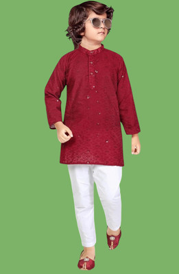 HouseOfCommon Boys Festive & Party Kurta and Pyjama Set(Maroon Pack of 1)