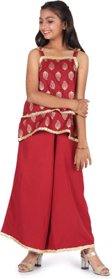 SILK SPARROW Girls Festive & Party Ethnic Jacket, Blouse and Palazzo Set(Maroon Pack of 1)