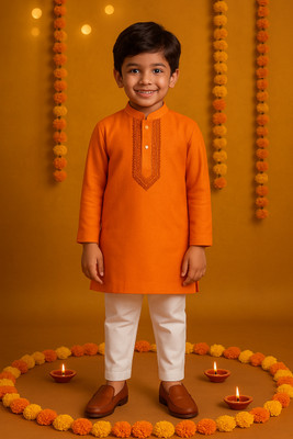 Oxipital Club Boys Festive & Party Kurta and Pyjama Set(Orange Pack of 1)