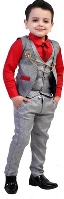 Go Berry Boys Festive & Party Shirt, Waistcoat and Pant Set(Red Pack of 1)