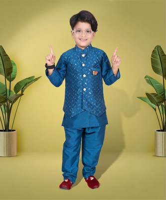 Bright Garments Dresses Boys Festive & Party Kurta, Waistcoat and Pyjama Set(Dark Green Pack of 1)