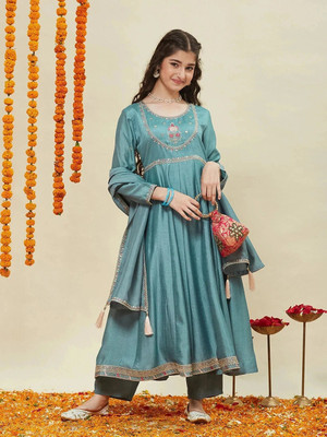 Curly Tales Girls Festive & Party Kurta, Pyjama & Dupatta Set(Blue Pack of 1)