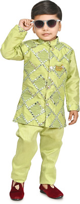 SelfiCollection Boys Festive & Party Kurta and Pyjama Set(Green Pack of 1)