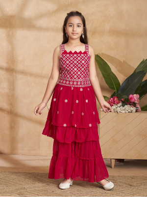 Sangria Girls Festive & Party Kurta and Sharara Set(Pink Pack of 1)