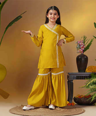 Fashion Dream Girls Festive & Party Kurta and Pyjama Set(Yellow Pack of 1)