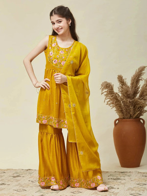 Curly Tales Girls Festive & Party Kurta and Sharara Set(Yellow Pack of 1)