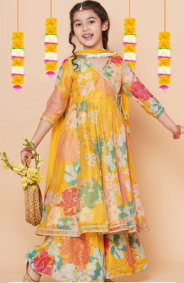 Heni fashion Girls Festive & Party Kurta and Sharara Set(Yellow Pack of 1)
