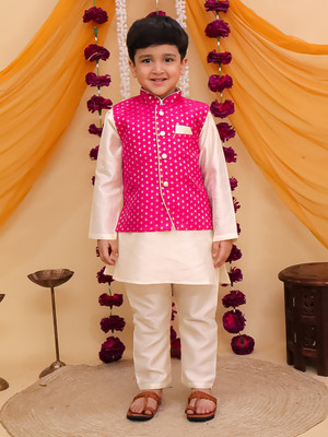 AJ Dezines Boys Festive & Party Kurta, Waistcoat and Breeches Set(Pink Pack of 1)