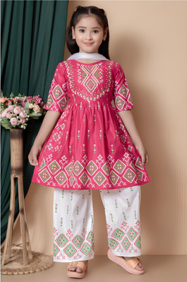Tkameez Girls Festive & Party Kurta, Pyjama & Dupatta Set(Pink Pack of 3)
