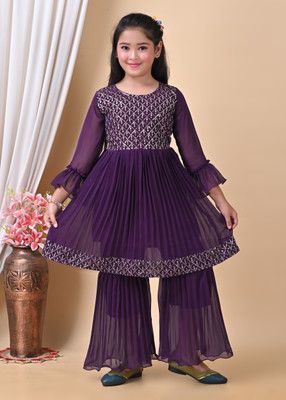 ITC FASHION Girls Festive & Party Kurta and Palazzo Set(Purple Pack of 1)