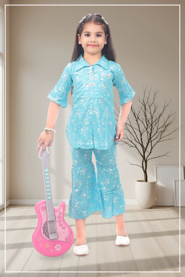 Smuktar garments Baby Girls Casual, Festive & Party, Wedding Kurta and Palazzo Set(Light Blue Pack of 1)