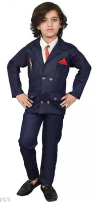 NVH Boys Festive & Party, Wedding Blazer, Shirt and Trouser Set(Dark Blue Pack of 3)