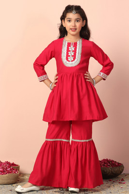 Sangria Girls Festive & Party Kurta and Palazzo Set(Pink Pack of 1)