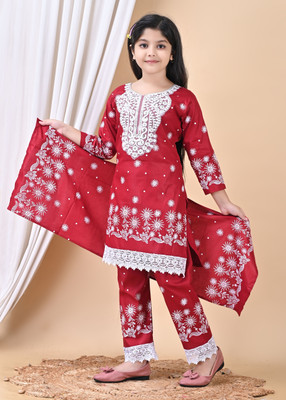 TIKTOK FASHION Girls Festive & Party Kurta, Churidar & Dupatta Set(Maroon Pack of 1)