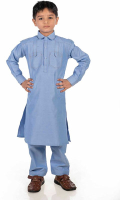 Whitelines Boys Festive & Party Kurta and Pyjama Set(Light Blue Pack of 1)