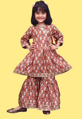 Agnivesha Girls Festive & Party Kurta and Palazzo Set(Orange Pack of 1)