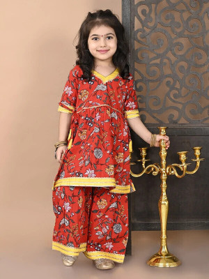 Superminis Girls Festive & Party Angarkha and Sharara Set(Red Pack of 1)