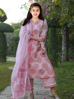Heerkart Girls Casual Churidar and Dupatta Set(Pink Pack of 3)