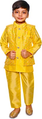 KING FASHIONn Boys Festive & Party Kurta, Waistcoat and Pyjama Set(Yellow Pack of 3)