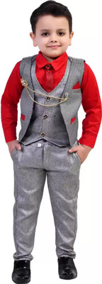 vkreation Boys Festive & Party Shirt, Waistcoat and Pant Set(Red Pack of 1)