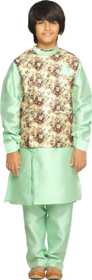Fourfolds Boys Festive & Party Kurta, Waistcoat and Pyjama Set(Green Pack of 1)