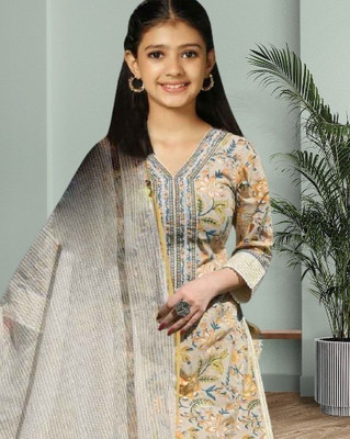Various Vault Girls Festive & Party Kurta, Pyjama & Dupatta Set(Beige Pack of 1)