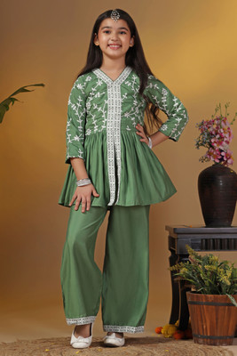 Sangria Girls Festive & Party Kurta and Pyjama Set(Green Pack of 1)