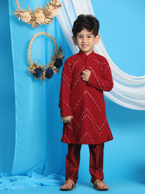 VASTRAMAY Boys Festive & Party Kurta and Pyjama Set(Maroon Pack of 1)