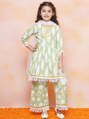 AJ Dezines Girls Festive & Party Angarkha and Sharara Set(Green Pack of 1)