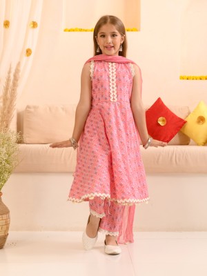 Pspeaches Girls Festive & Party Kurta, Pyjama & Dupatta Set(Pink Pack of 1)