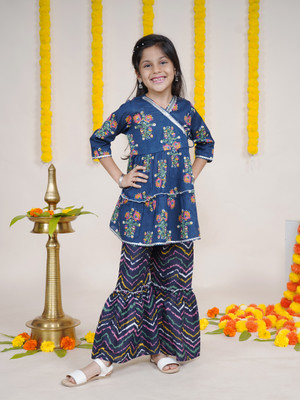 KiddoPanti Girls Festive & Party Kurta and Sharara Set(Blue Pack of 1)