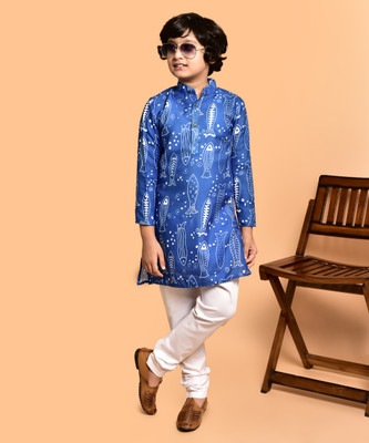 PRINTINIDA Baby Boys Casual Kurta and Pyjama Set(Blue Pack of 1)