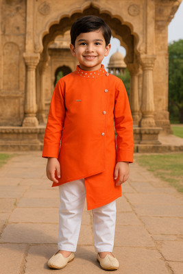 FASHION GRAB Baby Boys Casual Kurta and Pyjama Set(Orange Pack of 1)