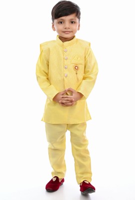 Nazrana Boys Festive & Party Sherwani and Churidar Set(Yellow Pack of 1)