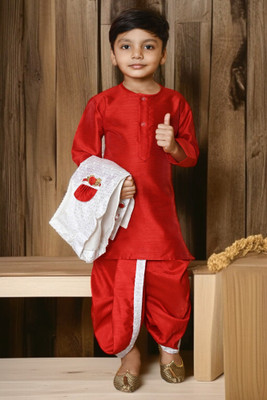 Bright Garments Dresses Boys Festive & Party Kurta, Waistcoat and Dhoti Pant Set(Red Pack of 1)