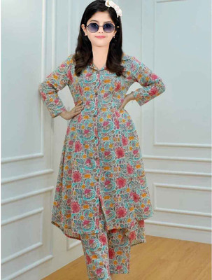 SATVASHIV Girls Festive & Party, Casual Kurta and Pyjama Set(Grey Pack of 1)