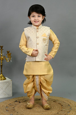 BT DEZINES Boys Festive & Party, Wedding Kurta, Waistcoat and Dhoti Pant Set(Yellow Pack of 1)